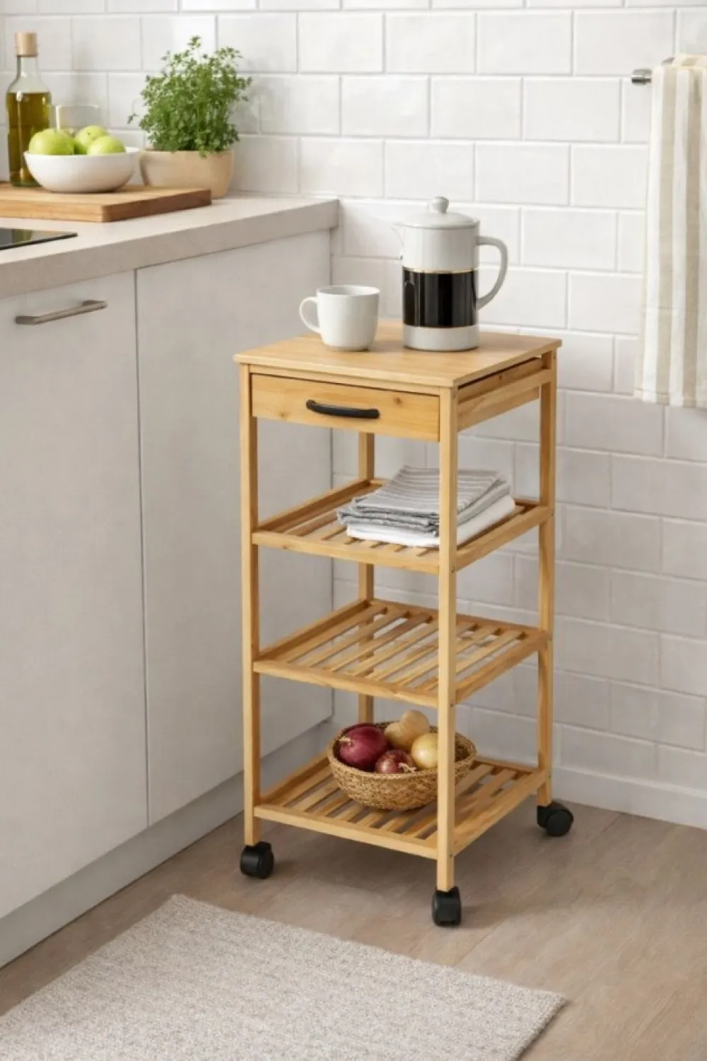 Bambusowy wózek kuchenny na kółkach z szufladą * HowHomely Discount