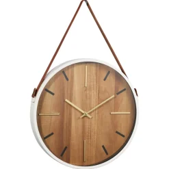 Biały zegar ścienny z brązowym uchwytem 38 cm
