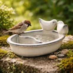 Ceramiczny karmnik dla ptaków na wodę i ziarno biały