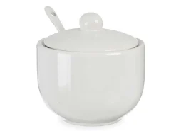 Cukierniczka porcelanowa z pokrywką i łyżeczką biała