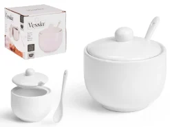 Cukierniczka porcelanowa z pokrywką i łyżeczką biała