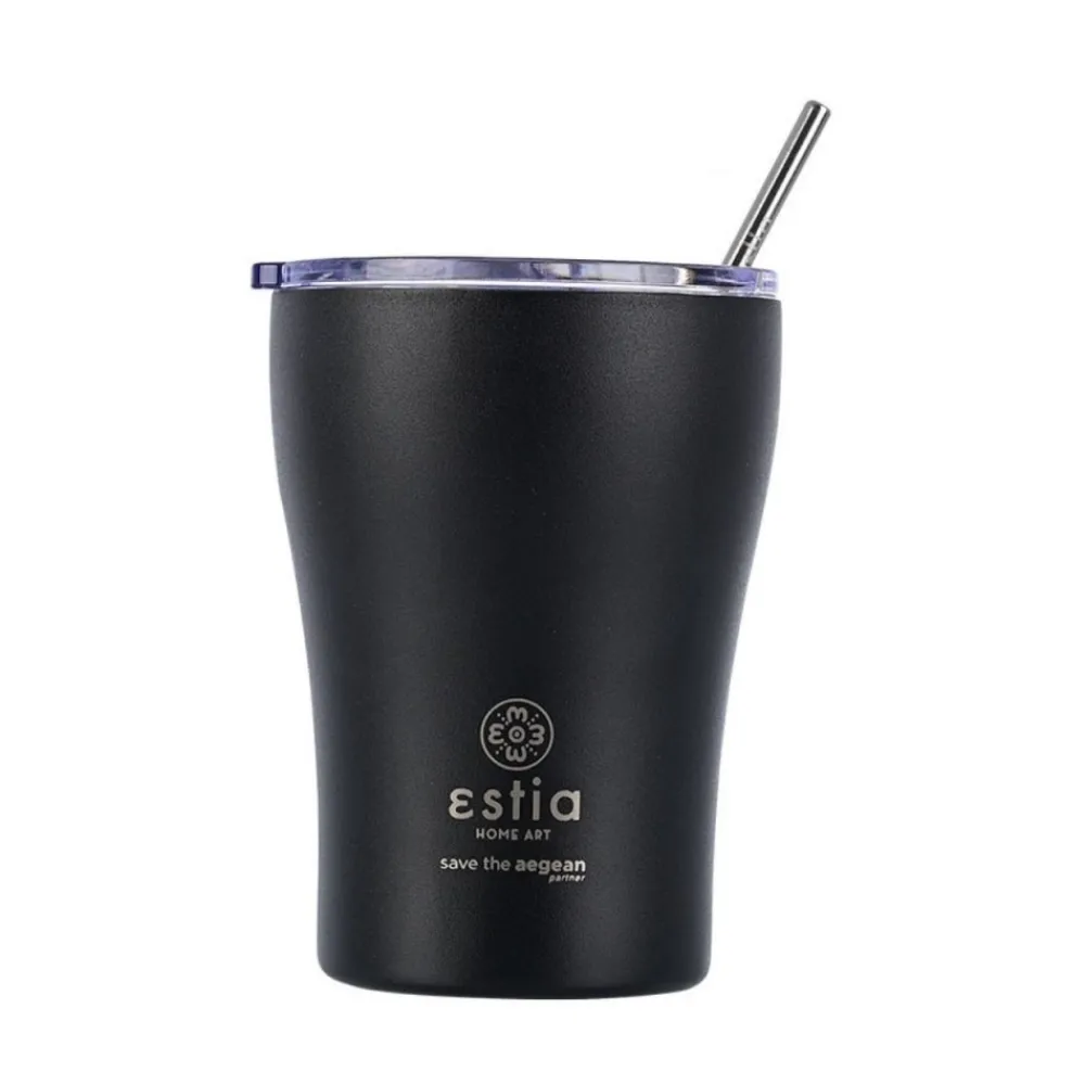 Czarny kubek termiczny ze słomką 350 ml Midnight Black * Estia New