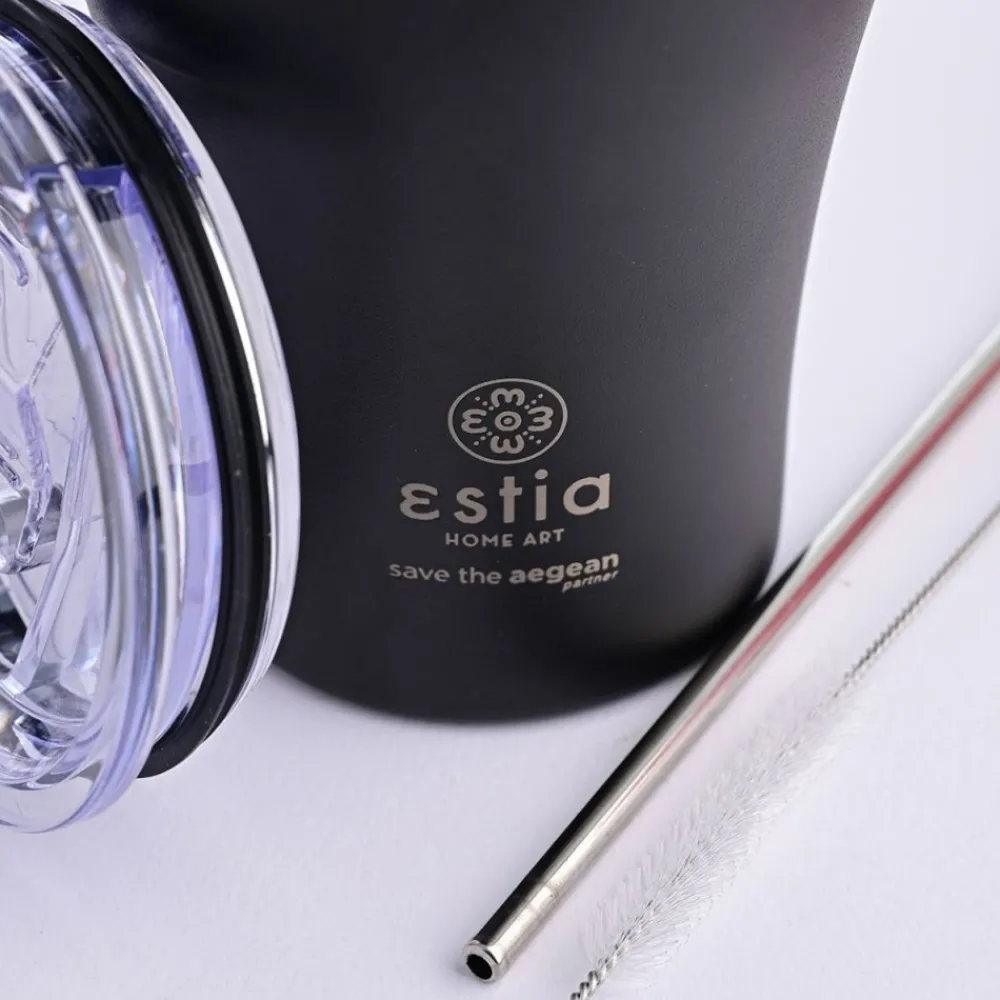 Czarny kubek termiczny ze słomką 350 ml Midnight Black * Estia New