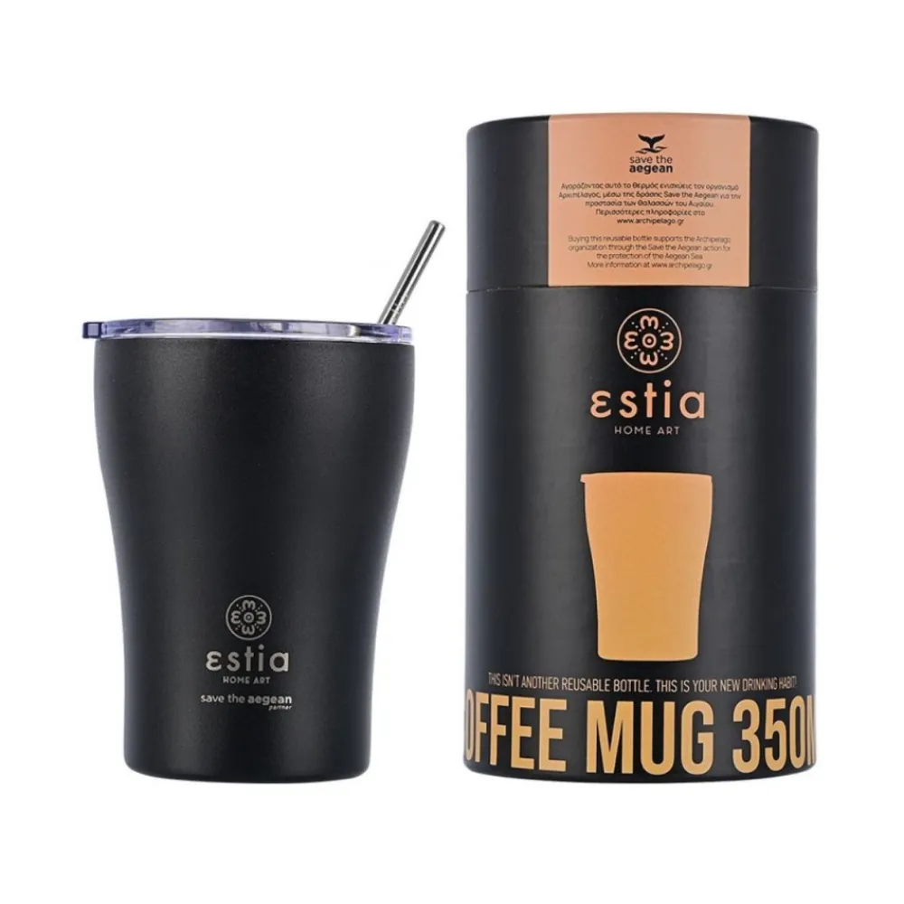 Czarny kubek termiczny ze słomką 350 ml Midnight Black * Estia New
