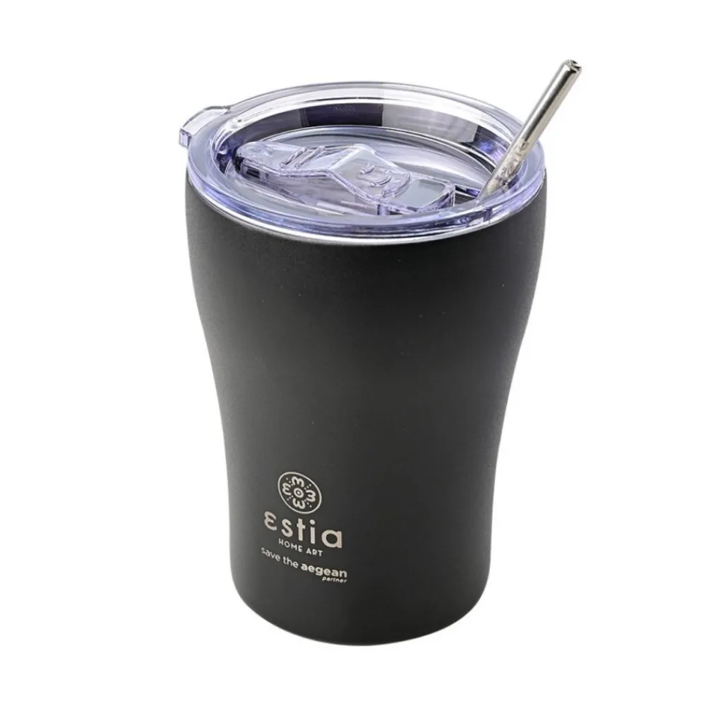 Czarny kubek termiczny ze słomką 350 ml Midnight Black * Estia New