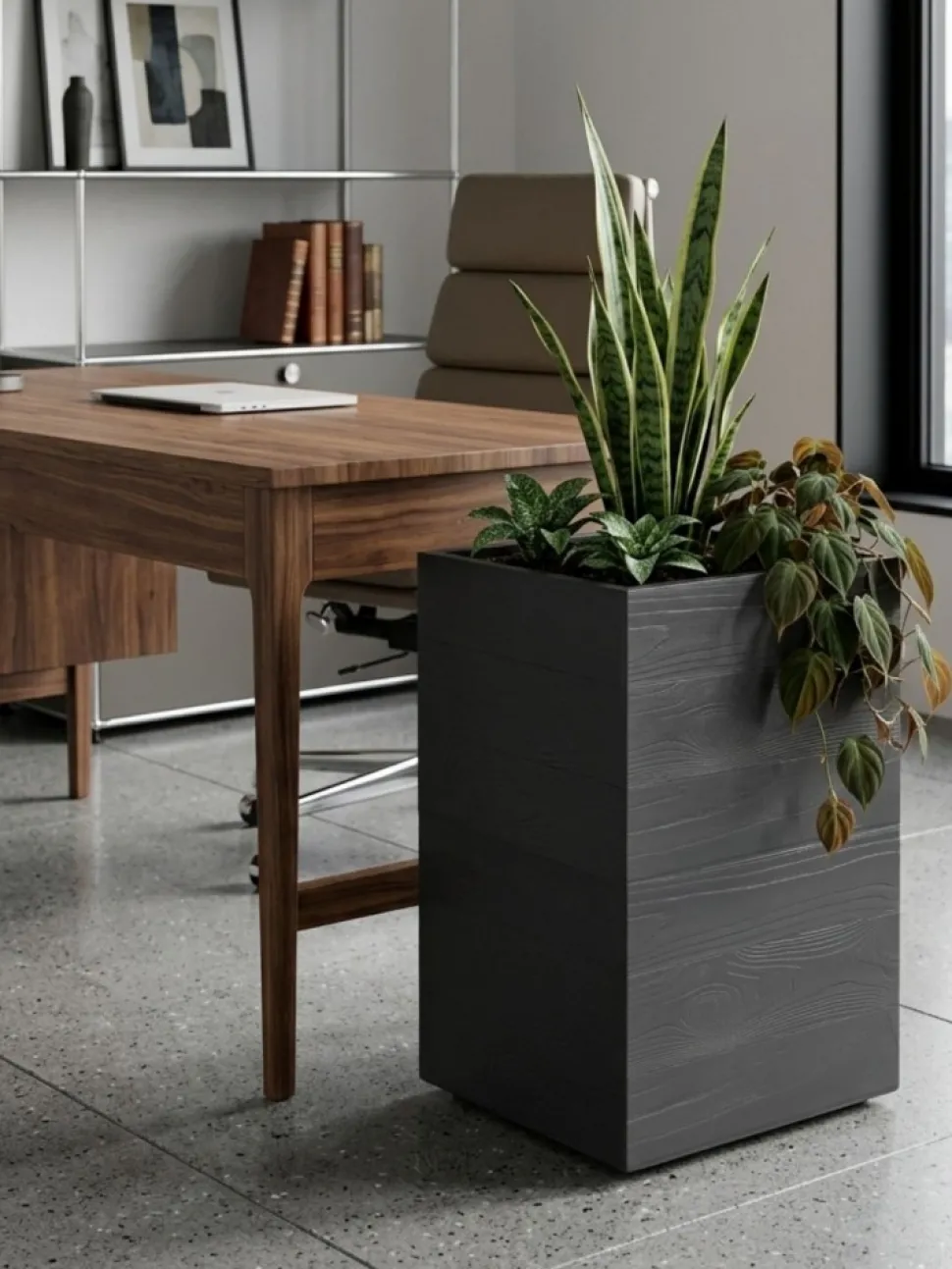 Donica Betonique na kółkach deska recykling antracyt H60x40 cm