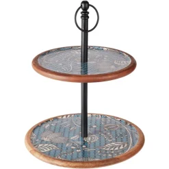 Dwupoziomowa patera z mango z niebieskim nadrukiem 43 cm - wzór 1 * Excellent Houseware Outlet