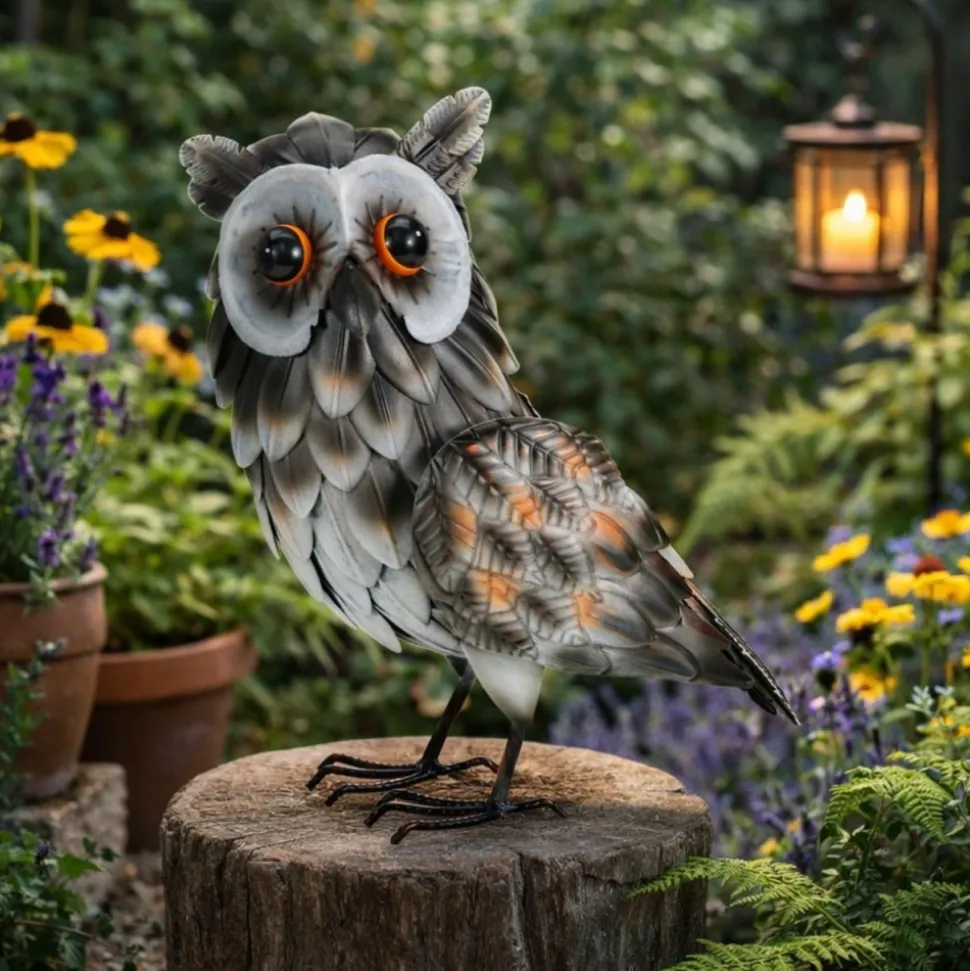 Figurka ogrodowa sowa z metalu 37 cm szara