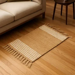 Jutowy dywanik 60x90 cm z frędzlami beżowy białe pasy