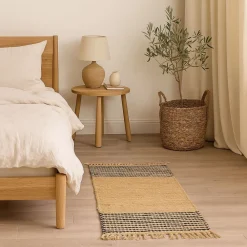 Jutowy dywan 140x70 cm z frędzlami beżowy czarne pasy * GIFTDECOR Clearance