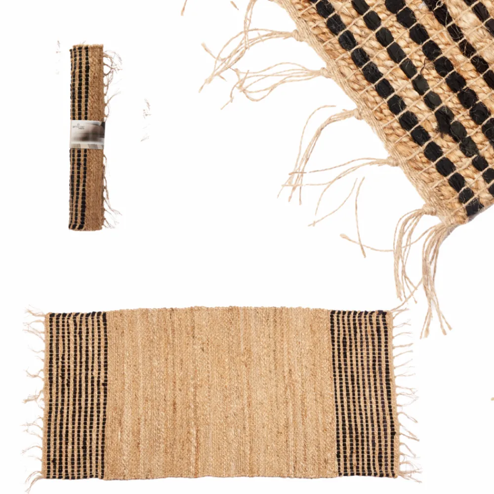 Jutowy dywan 140x70 cm z frędzlami beżowy czarne pasy * GIFTDECOR Clearance