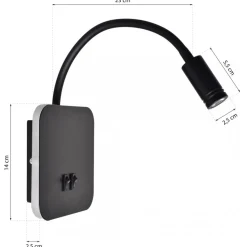 Kinkiet Regulowany BASE Czarny Ładowarka USB 8W+2W