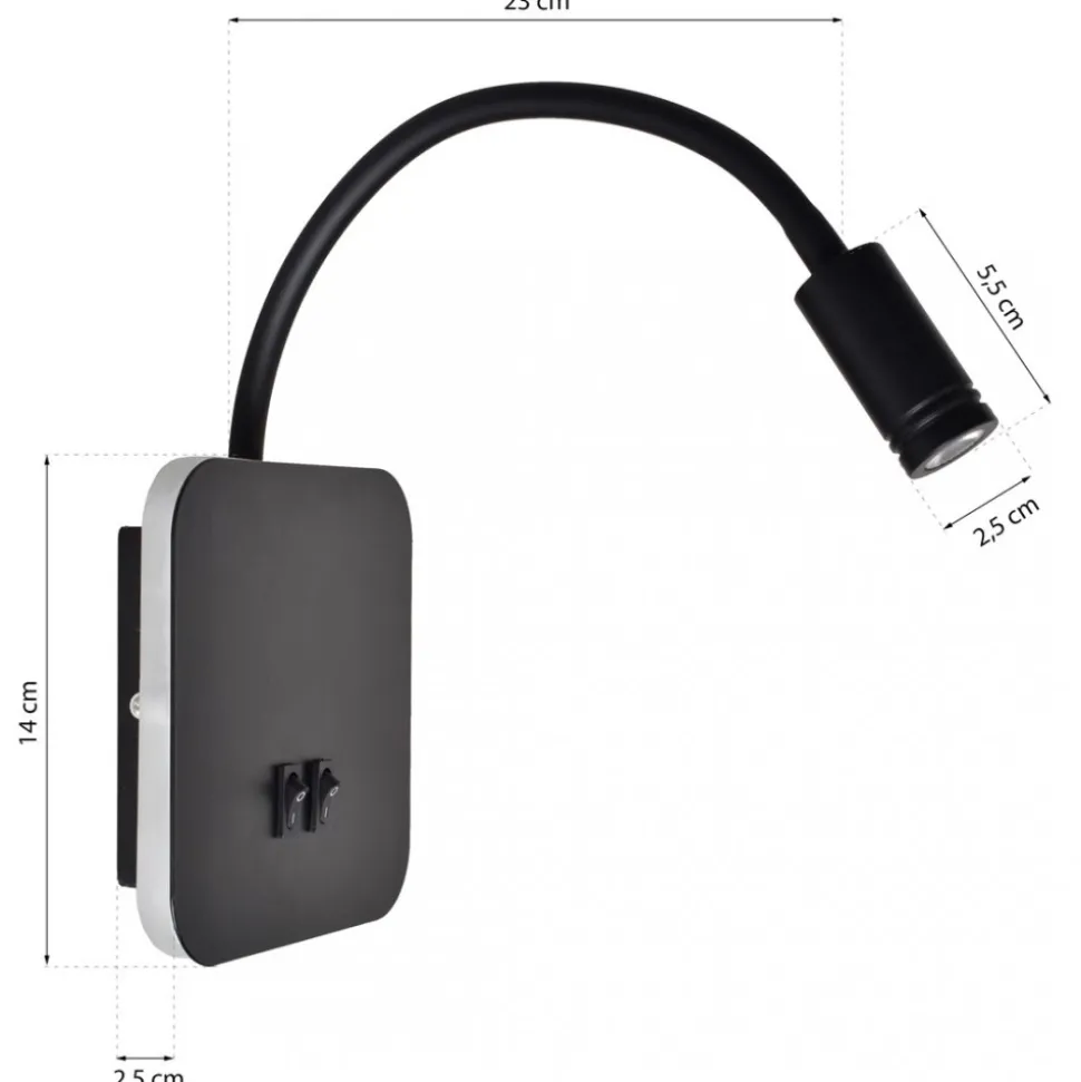 Kinkiet Regulowany BASE Czarny Ładowarka USB 8W+2W