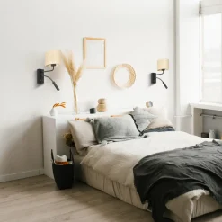 Kinkiet RATTAN Czarny Beżowy Abażur 1xE27 1xG9 * Luminex