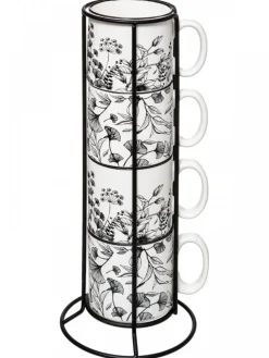 Komplet 4 kubków 240 ml w stojaku White Floral