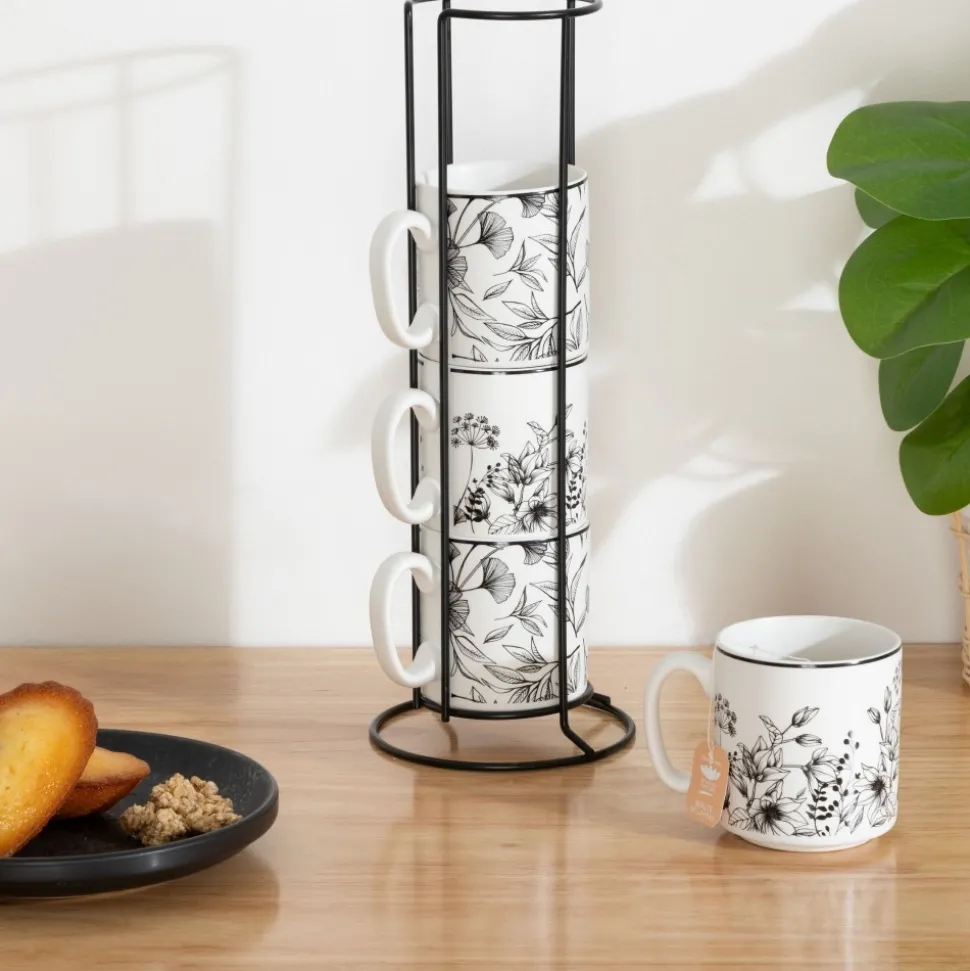 Komplet 4 kubków 240 ml w stojaku White Floral