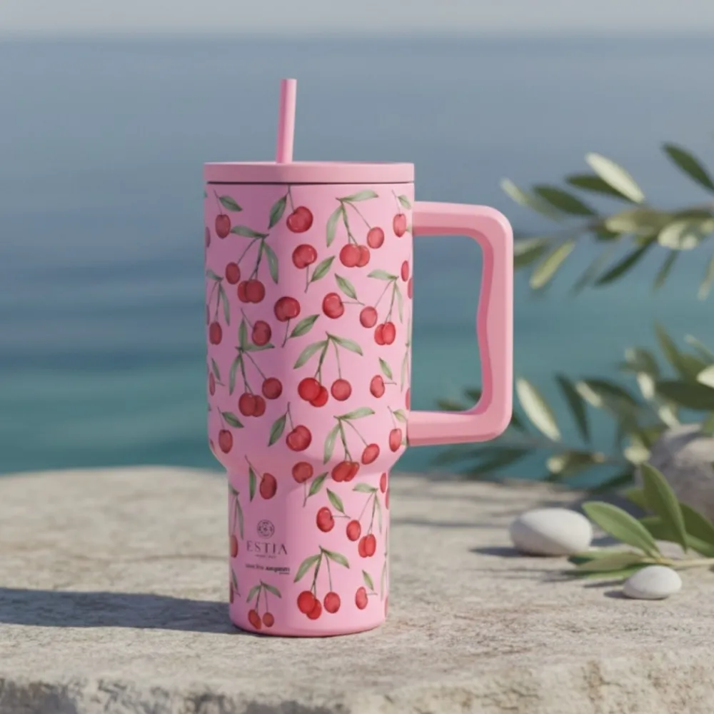 Kubek termiczny ze słomką 900 ml Cherry Rose * Estia Discount