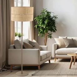 Lampa podłogowa CALMA sabia bezowa abażur słomkowy 1xE27