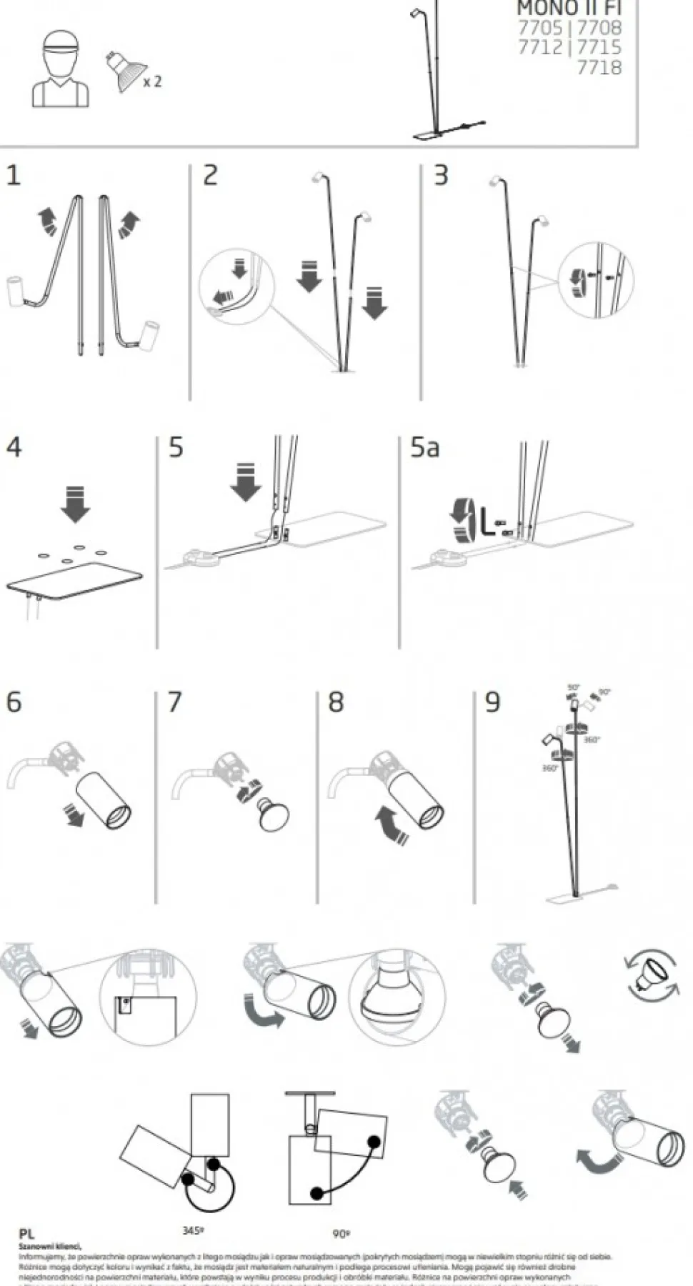 Lampa Podłogowa MONO Złoty Czarny 2xGU10 216cm
