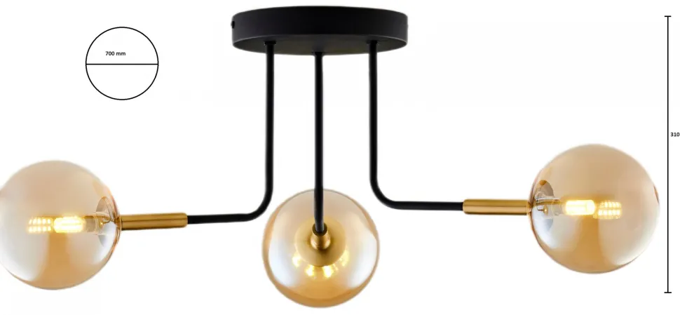 Lampa Sufitowa BURANO Czarny Bursztynowy Szklane Klosze 3xG9