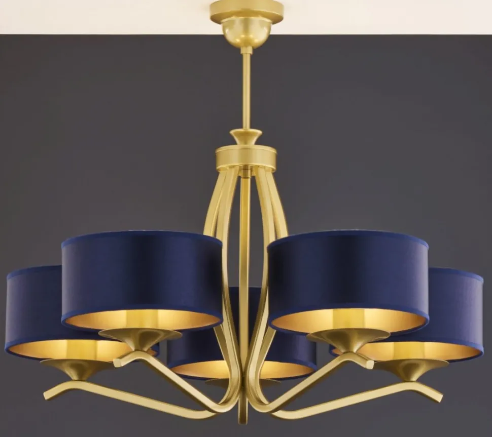 Lampa sufitowa KASZMIR złota granatowy abażur 5xE27