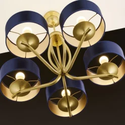 Lampa sufitowa KASZMIR złota granatowy abażur 5xE27
