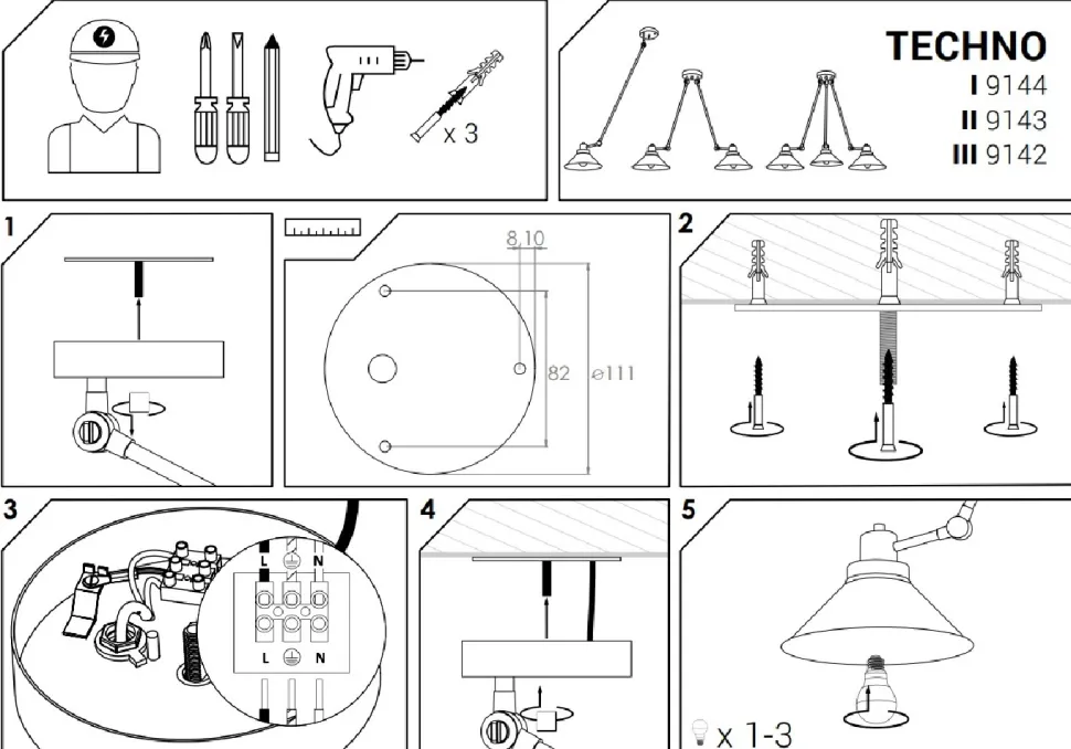 Lampa Sufitowa TECHNO Czarny Biały Metalowe Klosze 3xE27