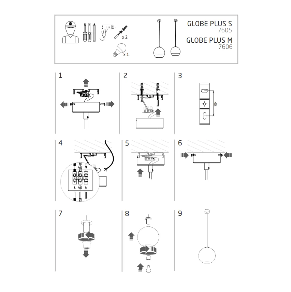 Lampa Wisząca GLOBE PLUS Czarny Srebrny Szklany Klosz 1xE27 20 cm