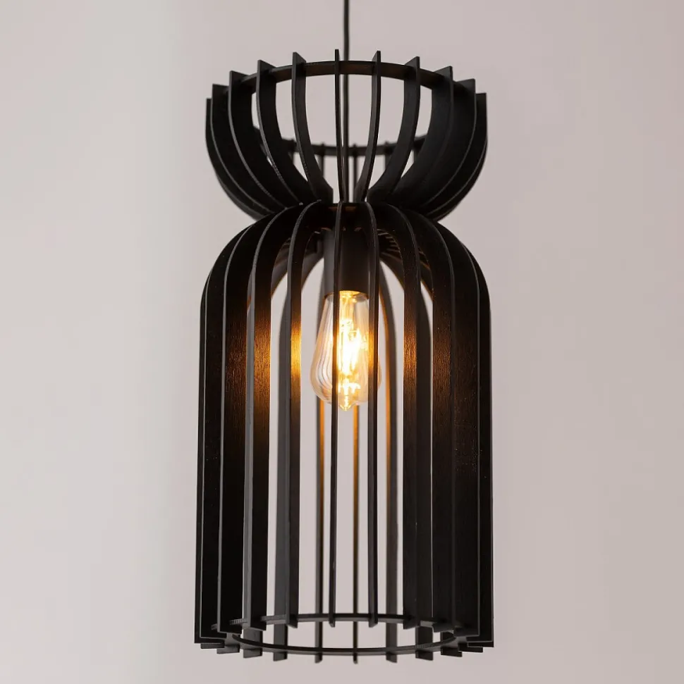 Lampa Wisząca KYMI Czarny Drewniany Klosz 1xE27 26cm