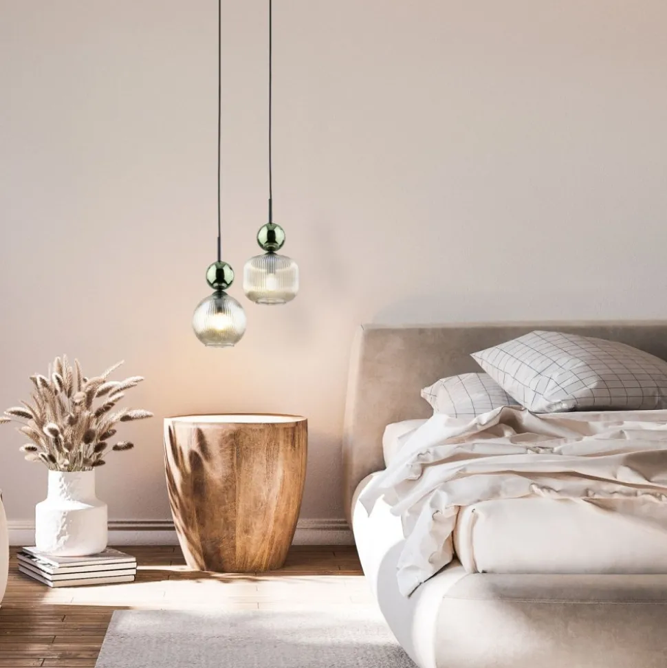 Lampa wisząca SOPHIA czarna zielona klosz beżowy 1xE14 15 cm