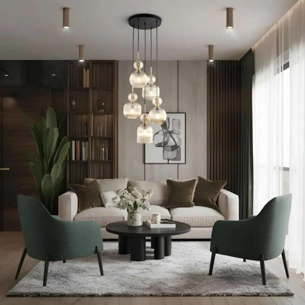 Lampa wisząca SOPHIA czarna klosz beżowy 5xE14