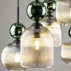 Lampa wisząca SOPHIA czarna zielona klosz beżowy 6xE14