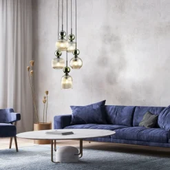 Lampa wisząca SOPHIA czarna zielona klosz beżowy 5xE14 okragła * TK Lighting Outlet