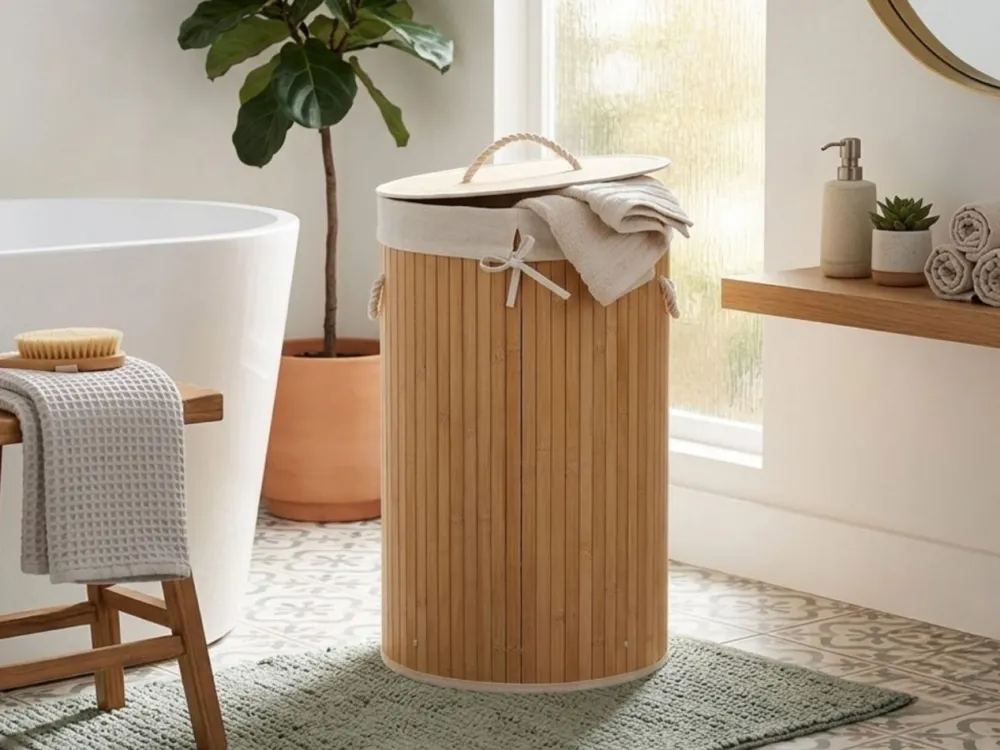Okrągły bambusowy kosz na pranie z pokrywką * TENDANCE Discount