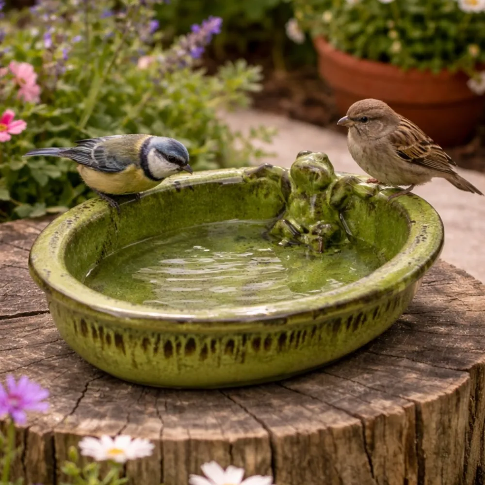 Poidełko dla ptaków ceramiczne z żabą zielone * Esschert Design Outlet