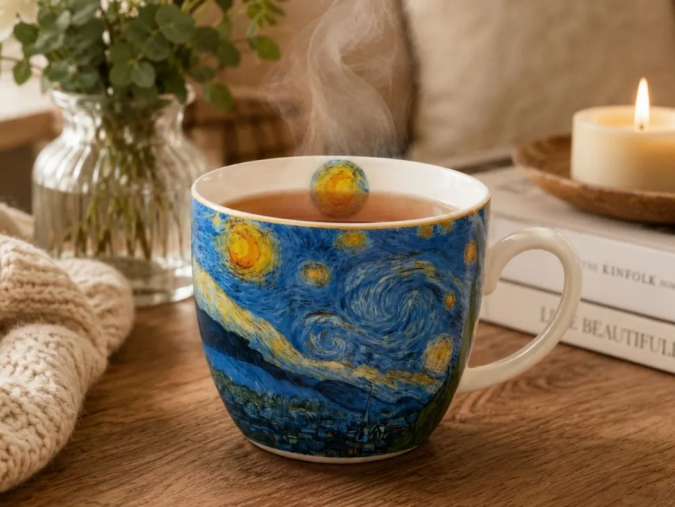Porcelanowy kubek 460 ml Van Gogh Starry Night w koszyczku