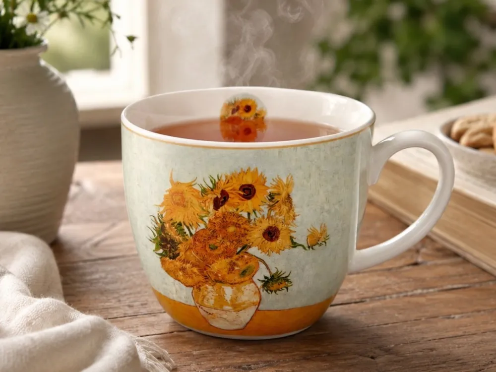 Porcelanowy kubek 460 ml Van Gogh Sunflowers w koszyczku * Duo Sale