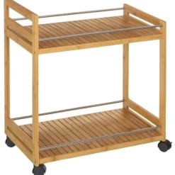 Stolik pomocniczy bambusowy na kółkach 2 półki 55x32x63 cm * HowHomely Best