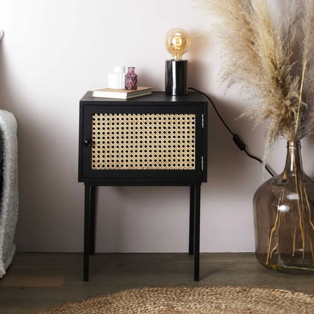Szafka nocna Rio czarna rattanowy front * HowHomely Discount