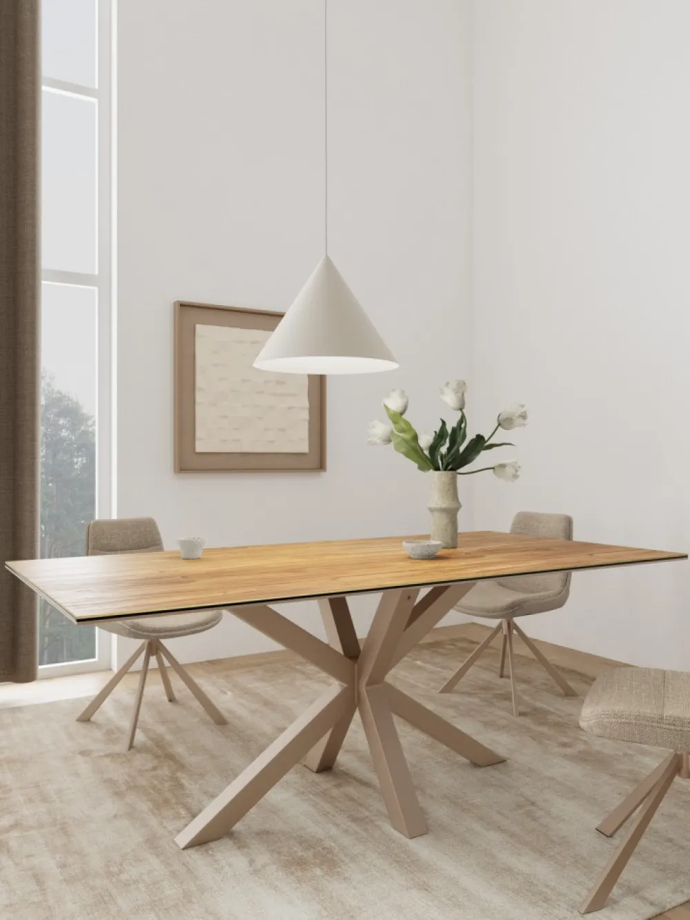 Szeroki stół Heaven ceramiczny blat z imitacją dębu podstawa beżowa * Actona Sale