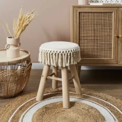 Taboret MACRAME kremowy z frędzlami * HowHomely Outlet