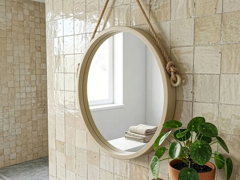 Wiszące okrągłe lustro 48 cm beż