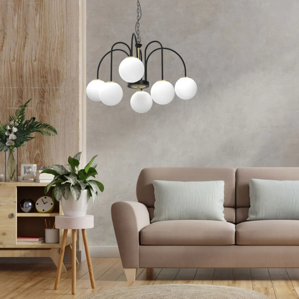 Żyrandol CAMBRIDGE Czarny Złoty Szklany Klosz 6xE14 * Luminex Outlet
