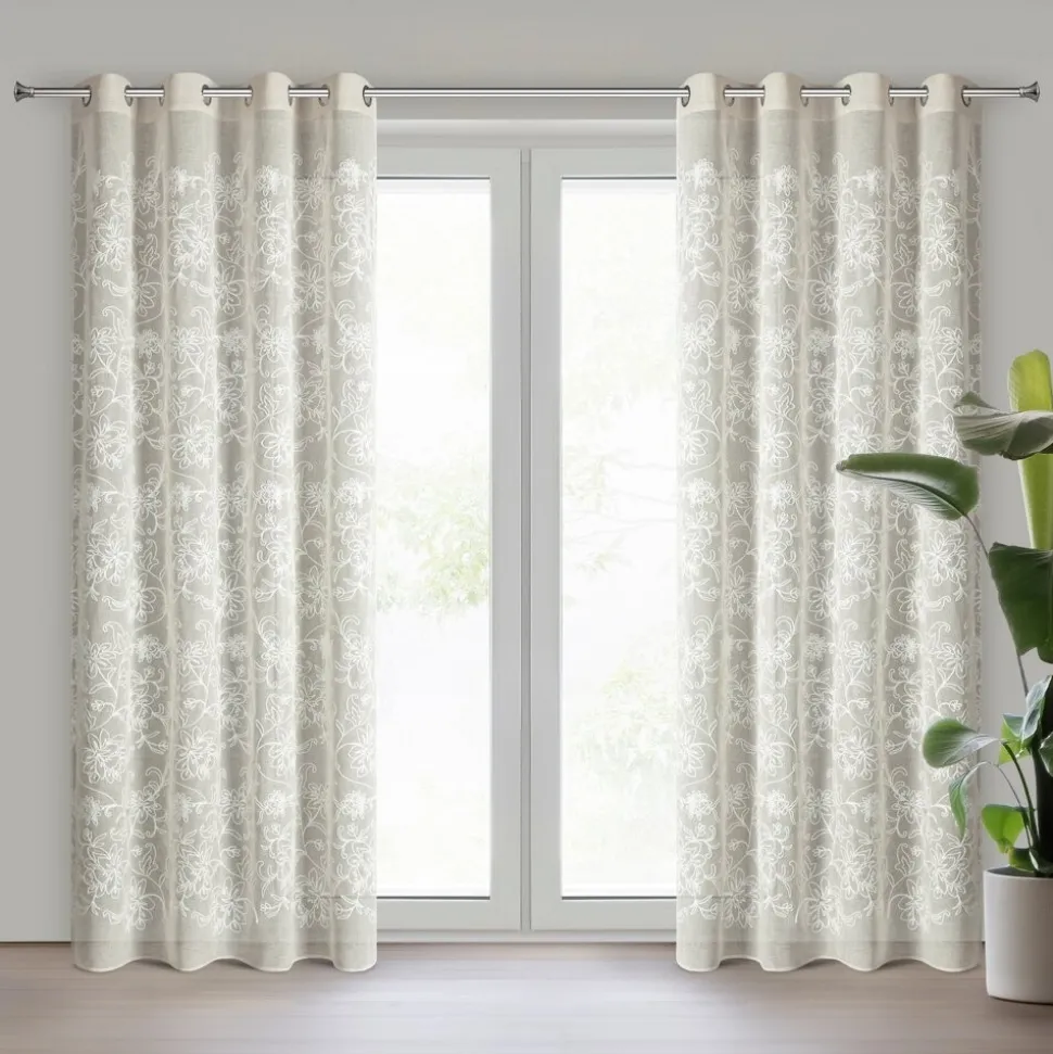 Zasłona LILY 140x250 cm beżowa haftowane kwiaty przelotki