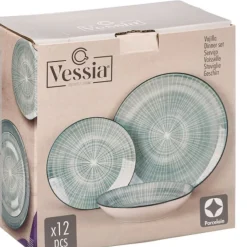Zestaw talerzy 12 el. niebieski geometryczny wzór * VESSIA